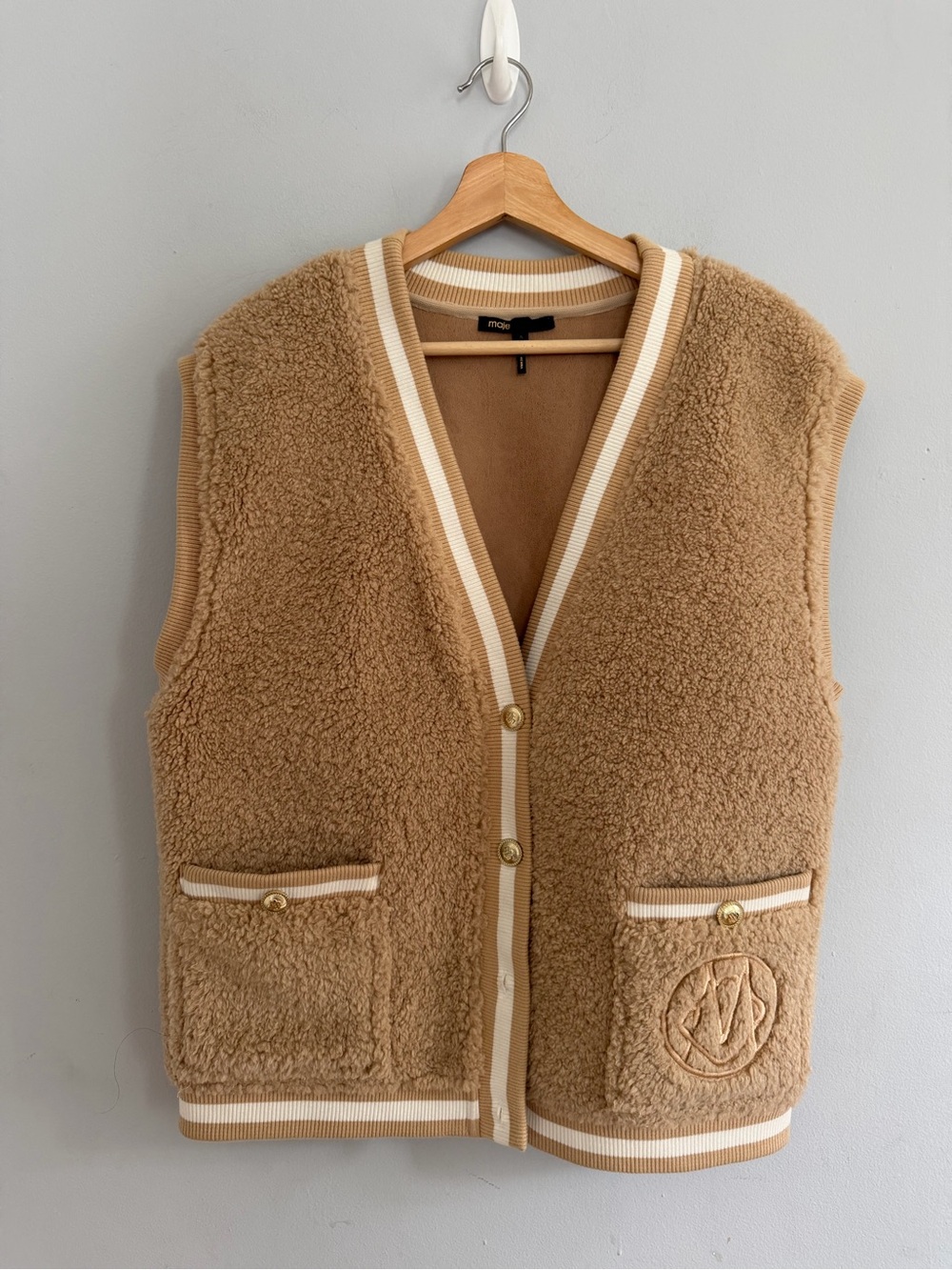 Maje Fur Effect Sleeveless Cardigan Faux Fur Gold Buttons Camel Size 2 M